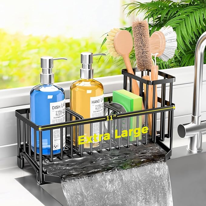TomCare Extra Large 11'' Sink Caddy With Drain Tray Non-slip Kitchen Sink Organizer With 2 Adjustable Dividers High Brush Holder Rustproof Sponge Holder Kitchen Storage Accessories for Counter by TomCare