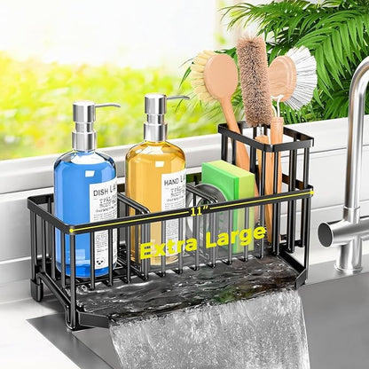 TomCare Extra Large 11'' Sink Caddy With Drain Tray Non-slip Kitchen Sink Organizer With 2 Adjustable Dividers High Brush Holder Rustproof Sponge Holder Kitchen Storage Accessories for Counter by TomCare