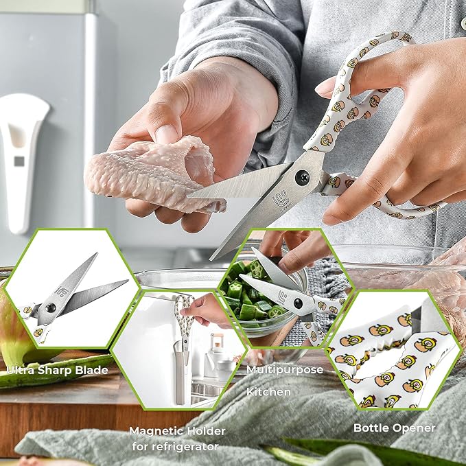 Linoroso Kitchen Scissors Heavy Duty Kitchen Shears with Magnetic Holder Made with Japanese Steel 4034, Multipurpose Ultra Sharp Cooking Scissors for Meat/Vegetables/BBQ/Herbs/Pizza (Graphic,Chick) - Image 3