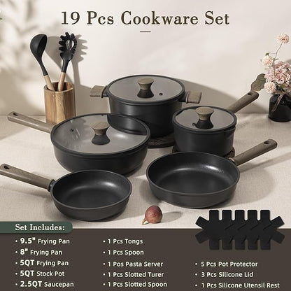 Astercook 19 Pcs Pots and Pans Set Non Stick, Black Titanium Induction Kitchen Cookware Sets, Non toxic Healthy Kitchen Cooking Set with Frying Pans Set, PFAS PTFE PFOA PFOS Free, Mothers Day Gifts - Image 2