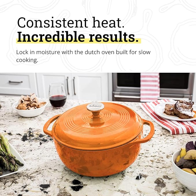 Lodge Essential Enamel Cast Iron Dutch Oven - Perfect for Bread Baking, Braising, Marinating & Slow Cooking - Features Moisture-Sealing Lid & Dual Handles - Kitchen Essentials - 6 Quarts - Apricot - Image 3
