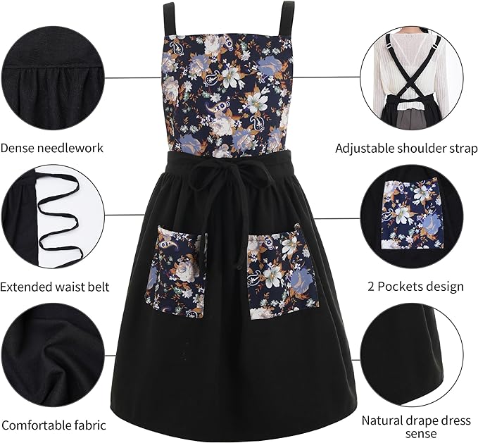 Pinknoke Vintage Pinafore Apron Dress for Women with Pockets Cute Floral Chef Aprons for Kitchen Cooking Baking Gardening - Image 5