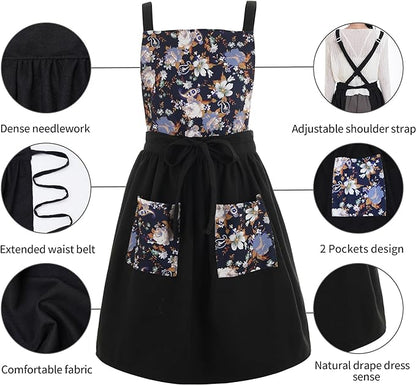 Pinknoke Vintage Pinafore Apron Dress for Women with Pockets Cute Floral Chef Aprons for Kitchen Cooking Baking Gardening - Image 5