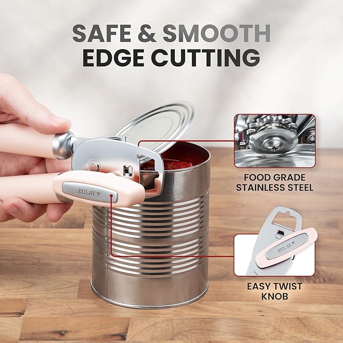 Zulay Kitchen Heavy Duty Stainless Steel Can Opener Manual with Bottle Opener - Rust Proof Manual Can Opener With Turn Knob & Comfy Soft Grip Handles - Peach - Image 4