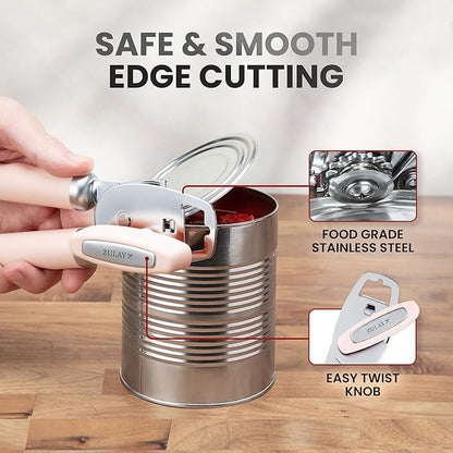 Zulay Kitchen Heavy Duty Stainless Steel Can Opener Manual with Bottle Opener - Rust Proof Manual Can Opener With Turn Knob & Comfy Soft Grip Handles - Peach - Image 4