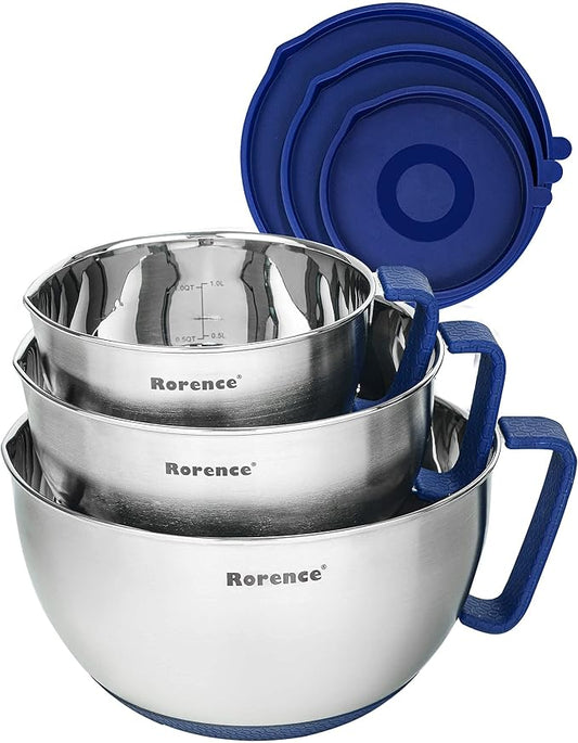 Rorence Mixing Bowls Set: Stainless Steel Non-Slip Bowls with Pour Spout, Handle and Lid - Set of 3 - Blue by Rorence