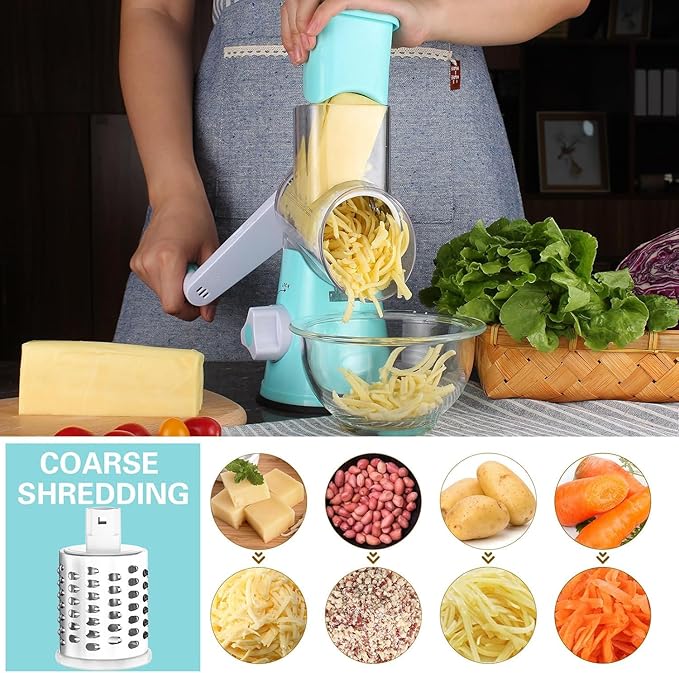 Cambom Rotary Cheese Grater Hand Crank Cheese Shredder for Fresh Cheese, Vegetable, Nuts,Non-slip Suction Base, Free Cleaning Brush Three Blades, Blue - Image 2