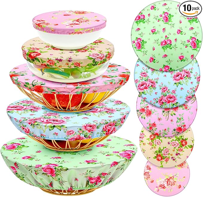 Patelai 10 Pcs Bowl Covers Reusable in 5 Size Stretch Cloth Fabric Elastic Food Storage Bowl Covers Bread Sourdough Lids for Proofing Food Fruits Leftover(Red, Pink, Green,Floral Style) by Patelai