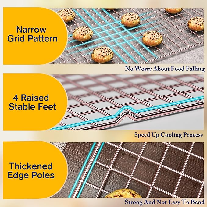 2PCS Cooling Racks for Cooking and Baking - 10" x 16"Heavy Duty Stainless Steel Wire Rack for Baking, Grilling, Roasting - Oven & Dishwasher Safe - Fits Half Sheet Pan（Rose Gold） - Image 3