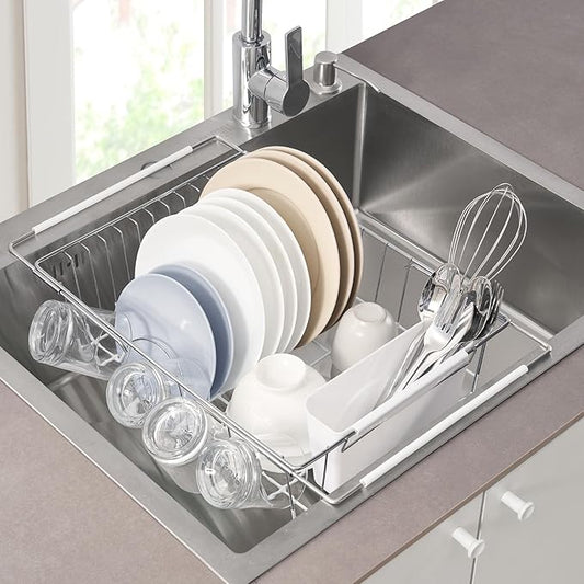 Dish Drying Rack Over The Sink Expandable to 24.5" Dish Drainer — Space-Saving Rectangular Kitchen Extending Drying Station with Utensil Holder, Fits Most Sinks for Easy Dish Organization, White by SweetHomeCollection