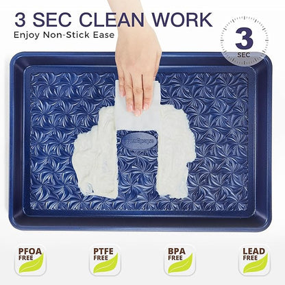 HONGBAKE Nonstick Baking Sheet Pan Set of 3, Cookie Sheets for Oven, Non-Toxic Half/Quarter/Jelly Roll Pans with Floral Swirl Texture, Heavy Duty 0.8mm Thick Oven Trays for Cooking, Blue - Image 6