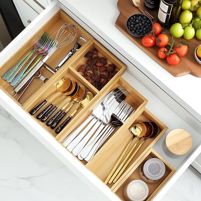 Bamboo Drawer Organizer Set, 5 PCS Multi-Use Individual Wood Storage Organizers, Junk Drawer Divider and Storage Trays Containers for Kitchen, Bathroom, Office Desk, Makeup, Jewelry, Utensils - Image 2