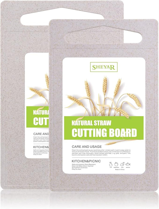 2PCS Cutting Board for Kitchen, Wheat Straw Fiber Cutting Board, Dish Washer Safe, w/Juice Grooves for Meat, Veggies, Easy Grip Handle, Non-slip Surface, Eco-friendly（XS+M）