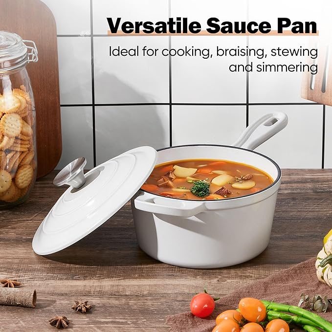 Homikit Small Cast Iron Pot, 2 Quart Enameled Cast Iron Sauce Pan with Lid, Heavy Duty Enamel Dutch Oven Kitchen Cookware for Making Pasta, Boiling Soup, Warming Milk, Nonstick & Oven Safe, White