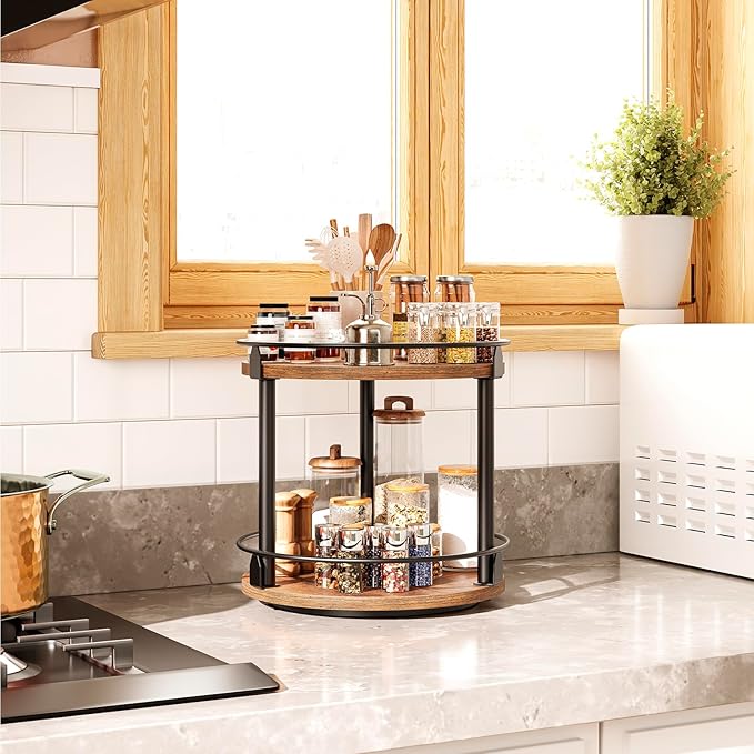 YATINEY Lazy Susan Organizer, Rotating Spice Rack, 2 Tier Spice Turntable Organizer, Industrial Turntable Spice Holder, for Kitchen Countertop and Cabinet, Compact and Versatile, Rustic Brown SR22BR - Image 2