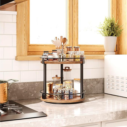 YATINEY Lazy Susan Organizer, Rotating Spice Rack, 2 Tier Spice Turntable Organizer, Industrial Turntable Spice Holder, for Kitchen Countertop and Cabinet, Compact and Versatile, Rustic Brown SR22BR - Image 2
