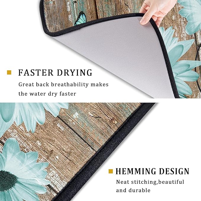 Giwawa Rustic Daisy Dish Drying Mat for Kitchen Countertop 18x24 inch Teal Sunflowers on Wooden Board Dish Drainer Mats Fast Drying Country Vintage Shabby Chic Flower Dish Drying Pad Decor Large