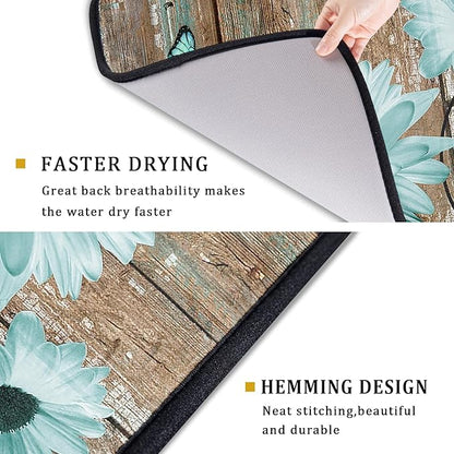 Giwawa Rustic Daisy Dish Drying Mat for Kitchen Countertop 18x24 inch Teal Sunflowers on Wooden Board Dish Drainer Mats Fast Drying Country Vintage Shabby Chic Flower Dish Drying Pad Decor Large