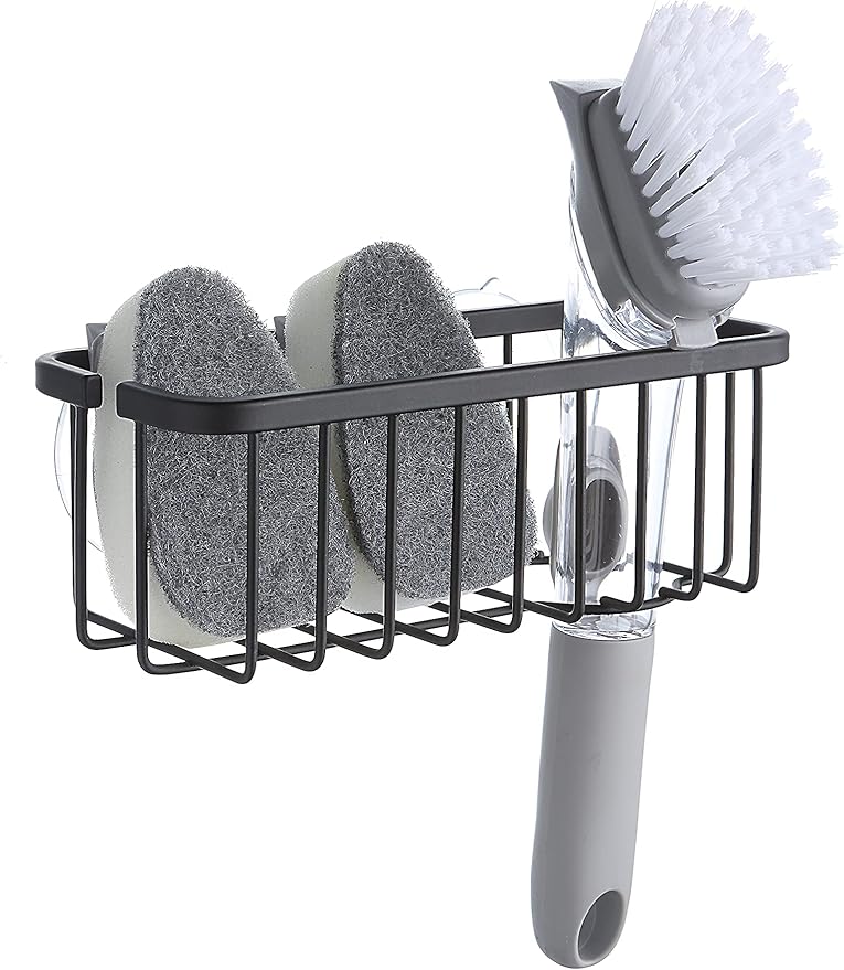 SunnyPoint NeverRust Deluxe Kitchen & Bathroom Sink Sponge Holder Organizer with Adhesive Mount - Additional Suction Cup Included – Sponge & Brush NOT Included – 7.4 x 3.3 x 2.75 Inch (Mat Black) by SunnyPoint
