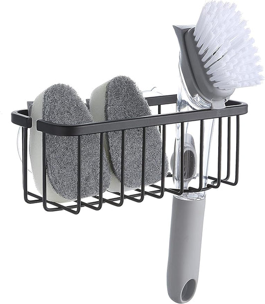 SunnyPoint NeverRust Deluxe Kitchen & Bathroom Sink Sponge Holder Organizer with Adhesive Mount - Additional Suction Cup Included – Sponge & Brush NOT Included – 7.4 x 3.3 x 2.75 Inch (Mat Black) by SunnyPoint
