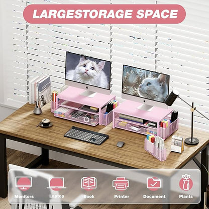 OPNICE Desk Organizers and Accessories, 2-Tier Computer Monitor Stand Riser with Drawer and 2 Pen Holders, Laptop Stand, Office Desk Accessories & Office Decor for Women, Pink - Image 4
