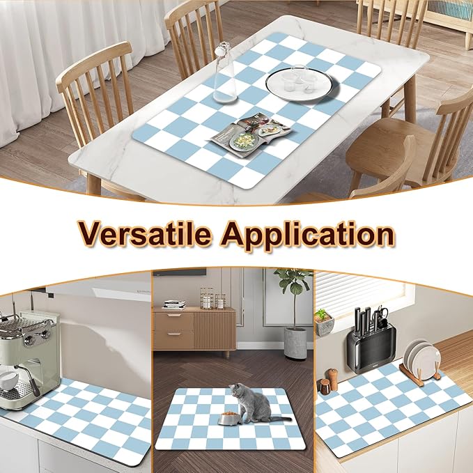 Dish Drying Mat for Kitchen Counter, 12" x 20" Checkered Coffee Bar Mat for Espresso Machine, Stain-Resistant Countertop Protector, Non-Slip Rubber Back Drying Pad for Coffee Maker, Blue & White