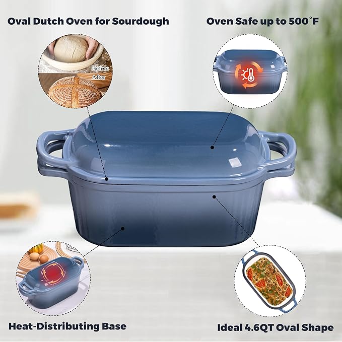 4.6 Quart Dutch Oven for Sourdough Bread Baking, Combo Oval Enameled Cast Iron Bread Pan with Lid, Bread Dutch Oven for a Crispy Crust, Seasalt - Image 5