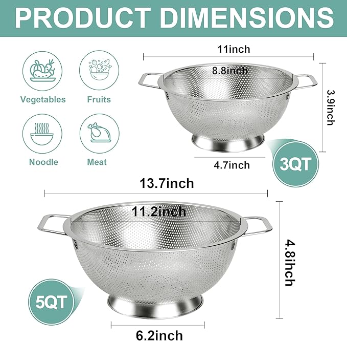 Kaishun Colander Stainless Steel 5-Quart, Kitchen Strainer for Pasta, Fruits Vegetables, Dishwasher Safe - Image 2