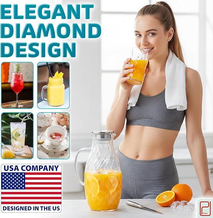 Premium Borosilicate Glass Pitcher with Lid and Spout - 3 Liter / 100 oz, Borosilicate Glass with Handle - Carafe for Hot/Cold Beverages - Water Jug - Iced Tea Pitcher - Juice Server