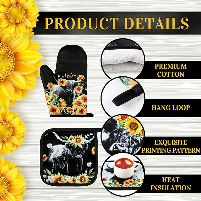 Leinuosen 6 Sunflower Cow Kitchen Towels Kitchen Decor and Accessories Set Floral Plant Oven Mitts and Pot Holders Sets Farmhouse Absorbent Dish Towels for Cooking Baking Grilling - Image 5