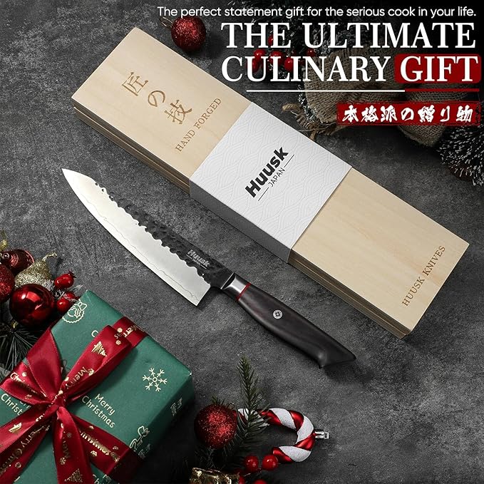 Huusk Professional Japanese Chef Knife - Hand Forged VG10 Kitchen Knives for Meat & Veggie Precise Slicing 8 inch Gyuto with Ergonomic Ebony Handle Premium Wooden Gift Box - Image 6