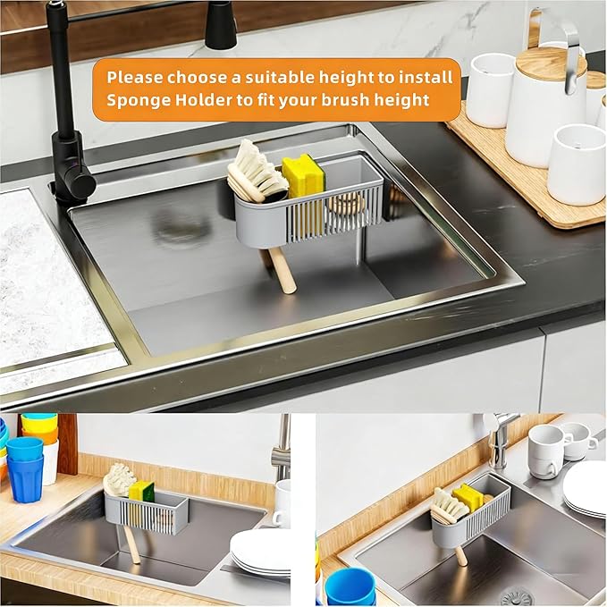 SuoXing Inside Sink Sponge Holder,Grey Rustproof Sink Caddy and Scrub Holder for Kitchen Sink with Suction Cup,Adhesive,Plastic Dish Sink Organizer for Scrub Brush,Scrubber,Dish Sponge,Spinge Holder - Image 4