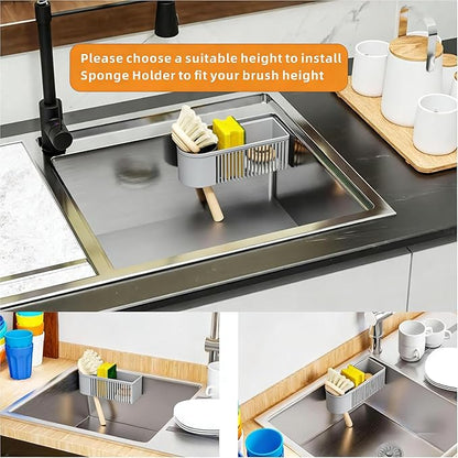 SuoXing Inside Sink Sponge Holder,Grey Rustproof Sink Caddy and Scrub Holder for Kitchen Sink with Suction Cup,Adhesive,Plastic Dish Sink Organizer for Scrub Brush,Scrubber,Dish Sponge,Spinge Holder - Image 4