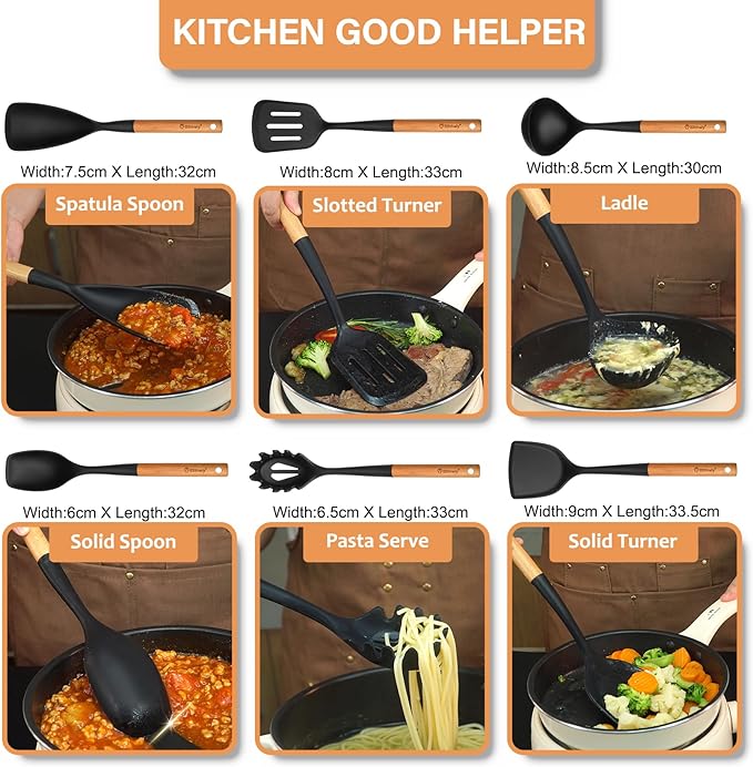 Large Silicone Cooking Utensils Set, 10Pcs Nonstick Kitchen Utensil Set with Wooden Handle, Heat Resistant Silicone Utensils for Cooking, BPA Free Spatula Set with Turners Spoon Ladle Skimmer(Black) - Image 9