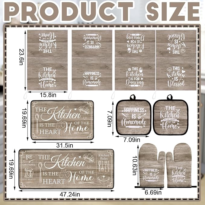 Fourluoo 10 Pcs Farmhouse Kitchen Decor and Accessories Set 4 Kitchen Towels 2 Pot Holders 2 Oven Mitts 2 Rugs for Cooking Baking Mom Housewarming Gifts(Brown,Classic Style) - Image 3