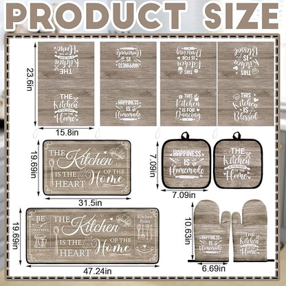 Fourluoo 10 Pcs Farmhouse Kitchen Decor and Accessories Set 4 Kitchen Towels 2 Pot Holders 2 Oven Mitts 2 Rugs for Cooking Baking Mom Housewarming Gifts(Brown,Classic Style) - Image 3