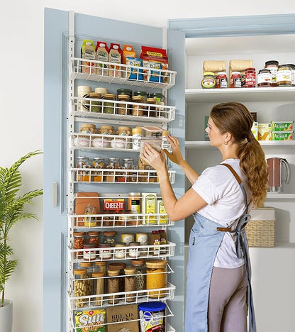 Mefirt Over The Door Pantry Organizer, Wall Mount Spice Rack, Pantry Hanging Storage and Organization, 8 Adjustable Baskets Heavy-Duty Metal for Home & Kitchen, Back of Door Seasoning Rack - White - Image 3