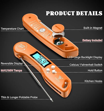 DOQAUS Digital Meat Thermometer, Instant Read Food Thermometer for Cooking with Backlit & Auto-Rotating Display, 4.6” Probe for Grilling, Baking, and Perfect BBQ - Orange - Image 9