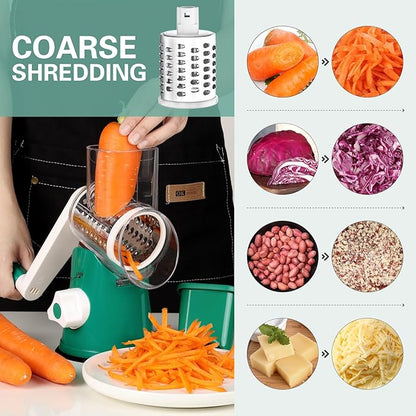 Cambom Rotary Cheese Grater Hand Crank Cheese Shredder for Fresh Cheese, Vegetable, Nuts,Non-slip Suction Base, Free Cleaning Brush Three Blades, Deep Green - Image 2