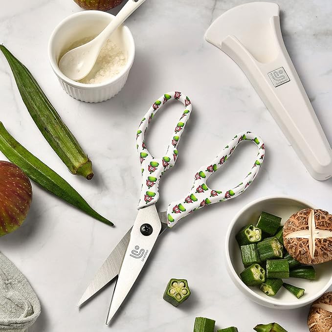 Linoroso Kitchen Scissors Heavy Duty Kitchen Shears with Magnetic Holder Made with Japanese Steel 4034, Multipurpose Ultra Sharp Cooking Scissors for Meat/Vegetables/BBQ/Herbs/Pizza (Graphic,Chili) - Image 7