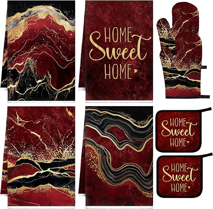Leinuosen 8 Pcs Burgundy Marble Kitchen Towels and Dishcloths Sets Oven Mitts and Pot Holders Sets Absorbent Kitchen Gloves Potholders Heat Resistant for Chef Baking Cooking
