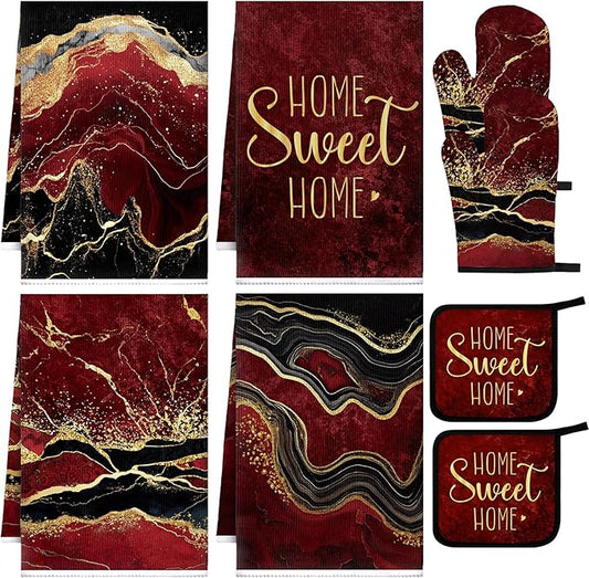 Leinuosen 8 Pcs Burgundy Marble Kitchen Towels and Dishcloths Sets Oven Mitts and Pot Holders Sets Absorbent Kitchen Gloves Potholders Heat Resistant for Chef Baking Cooking