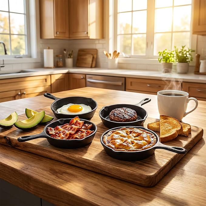 Hiceeden 4 Pack Mini Cast Iron Skillet, 4" Small Frying Pans with Double Drip-Spouts for Stove, Oven, Grill Safe, Indoor and Outdoor Use, Non-stick - Image 7