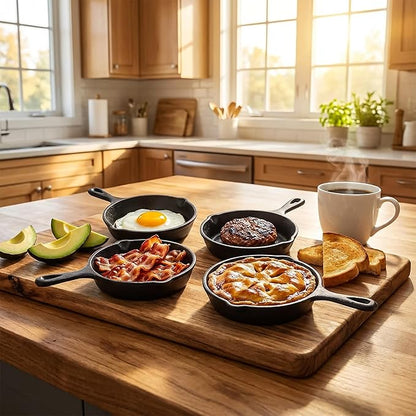 Hiceeden 4 Pack Mini Cast Iron Skillet, 4" Small Frying Pans with Double Drip-Spouts for Stove, Oven, Grill Safe, Indoor and Outdoor Use, Non-stick - Image 7