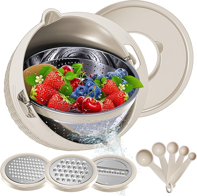 4-1 Colander with Bowl & Spoons Set - Rotatable Colander for kitchen with New Upgraded Graters, Food Strainer(Patented) for Pasta, Fruits, Vegetables, Funny Presents for Women, Beige - Image 8