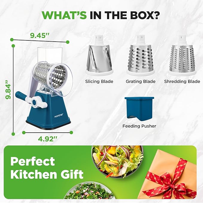 NutriChef 3 in 1 Cheese Grater & Shredder | Strong Suction Base, Rotary Handle with Safety Lock | Includes Hand Crank & 3 Drum Blades for 3 Textures, Fine, Medium & Strips | Blue - Image 8