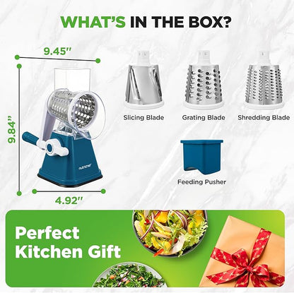 NutriChef 3 in 1 Cheese Grater & Shredder | Strong Suction Base, Rotary Handle with Safety Lock | Includes Hand Crank & 3 Drum Blades for 3 Textures, Fine, Medium & Strips | Blue - Image 8