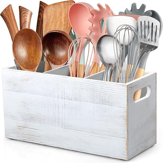 ALELION Rustic White Utensil Holder with Removable Divider - 3 Compartment Wooden Utensil Caddy Organizer for Kitchen Counter - Cooking Utensil Crock for Countertop by ALELION