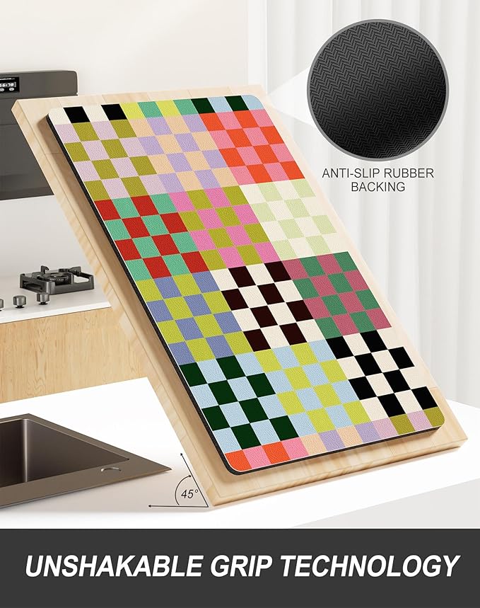 Rnivvi Dish Drying Mat for Kitchen Counter, XL 15 x 24" Cute Checkered Absorbent Draining Pad, Non-Slip Heat Resistant Coffee Bar Mats for Coffee Machine Station Accessories, Colorful Dish Rack Pad - Image 5