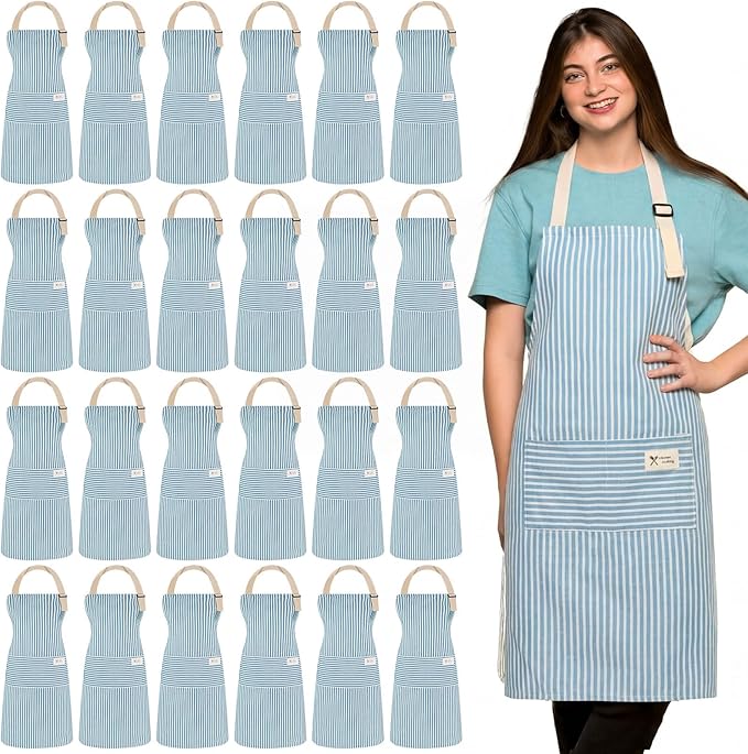 Janmercy 24 Pcs Aprons for Women Men with 2 Pockets Linen Cooking Kitchen Apron Adjustable Bib Chef Apron Bulk Aprons Unisex